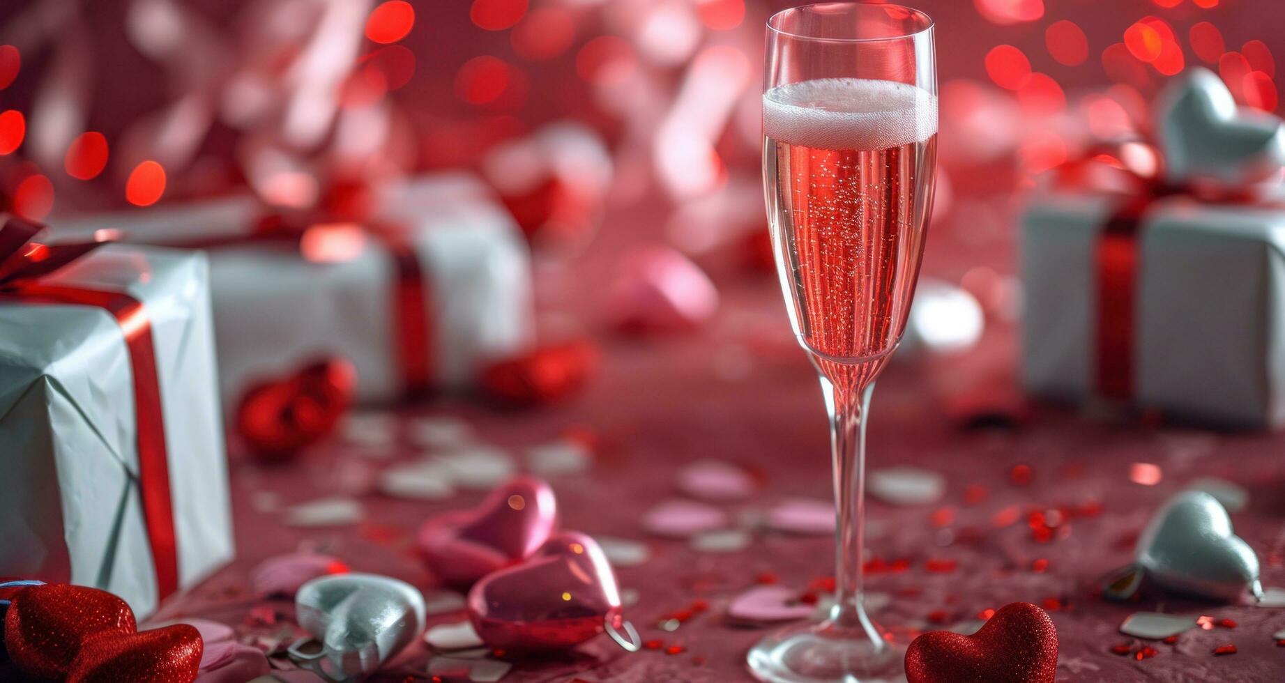 AI generated pink champagne and red heart confetti stand next to a pink heart box photo