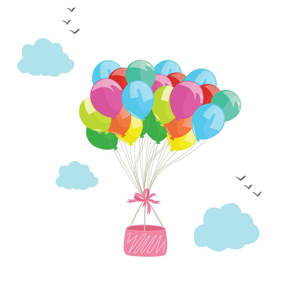 Hot air balloons vector illustration set in cartoon style. Colorful bunch of balloons. Flying balloon airship clip art. Decoration items for party. Flat vector isolated on white background.