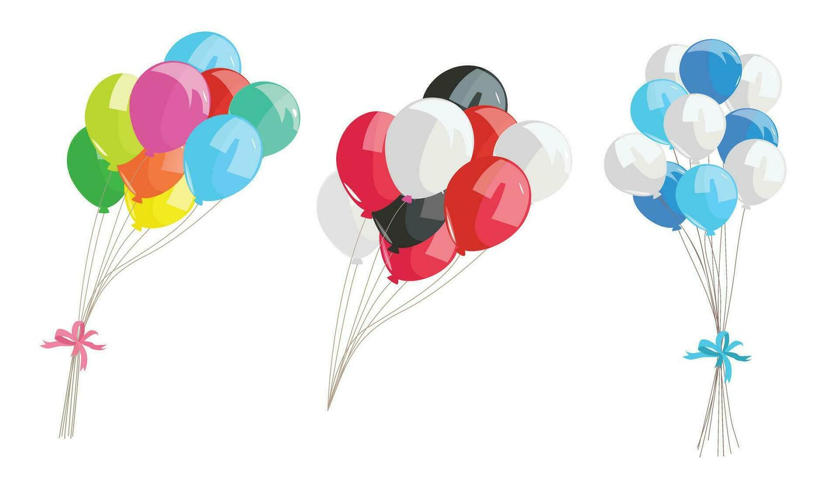 globos vector ilustración conjunto en dibujos animados estilo. vistoso manojo de globos volador globo acortar Arte. decoración artículos para fiesta. plano vector aislado en blanco antecedentes.