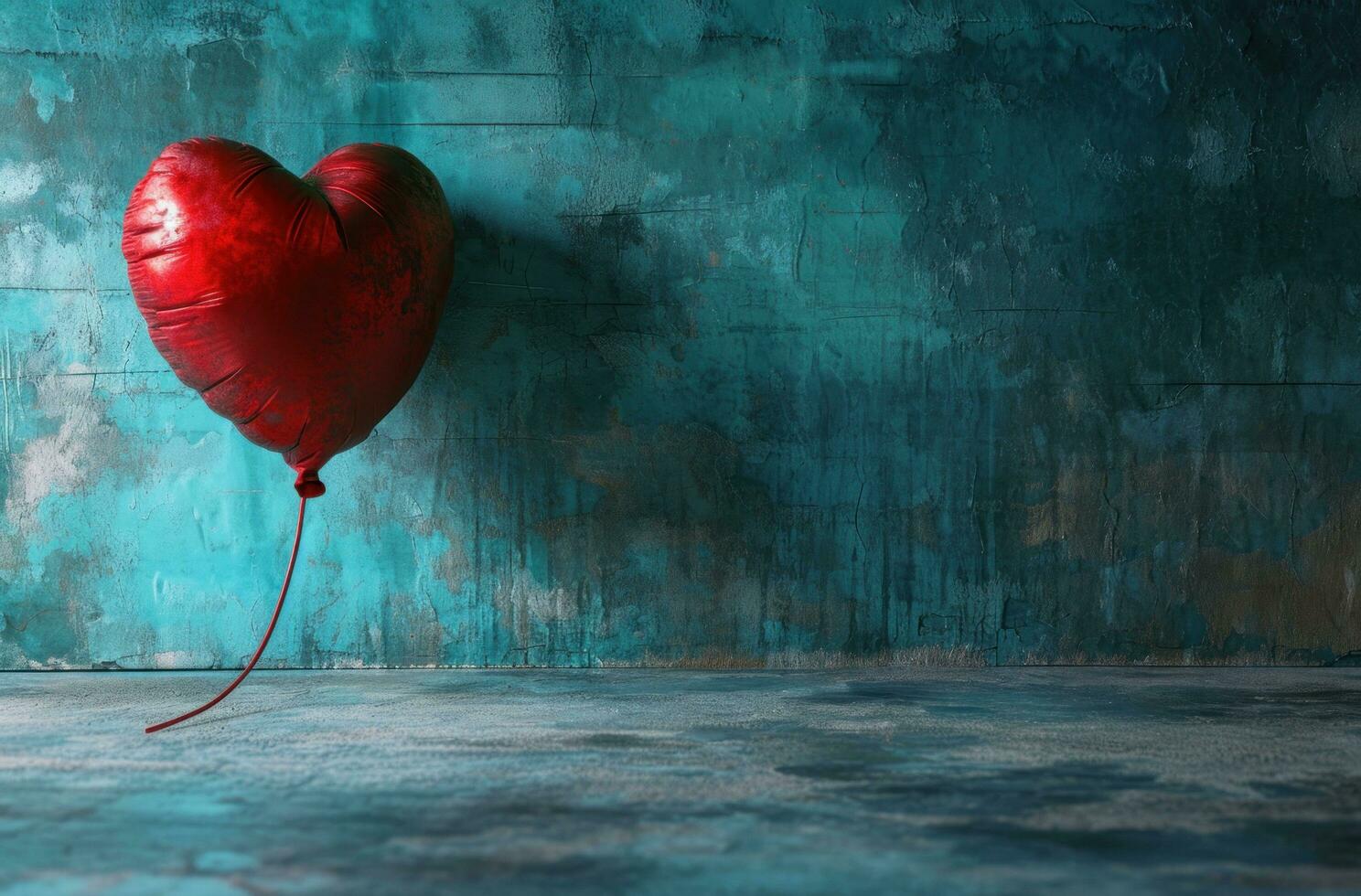 AI generated red heart balloon in front of a blue room photo