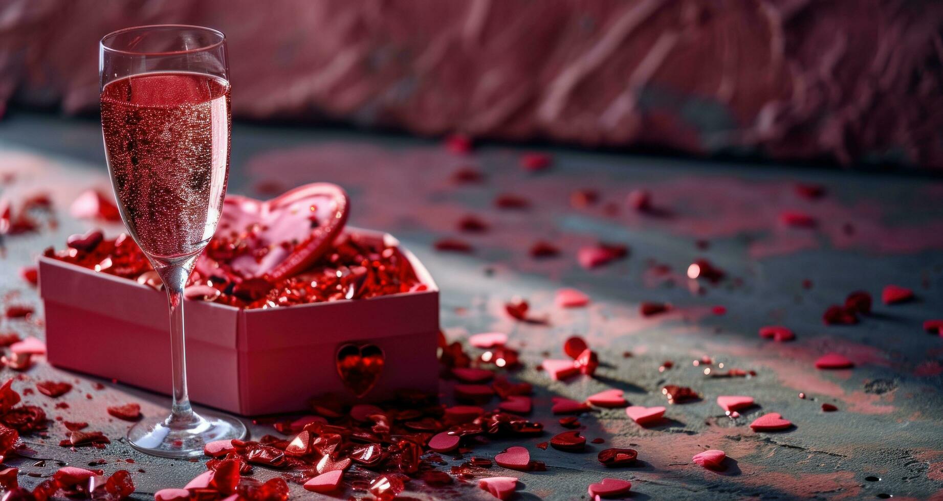 AI generated pink champagne and red heart confetti stand next to a pink heart box photo