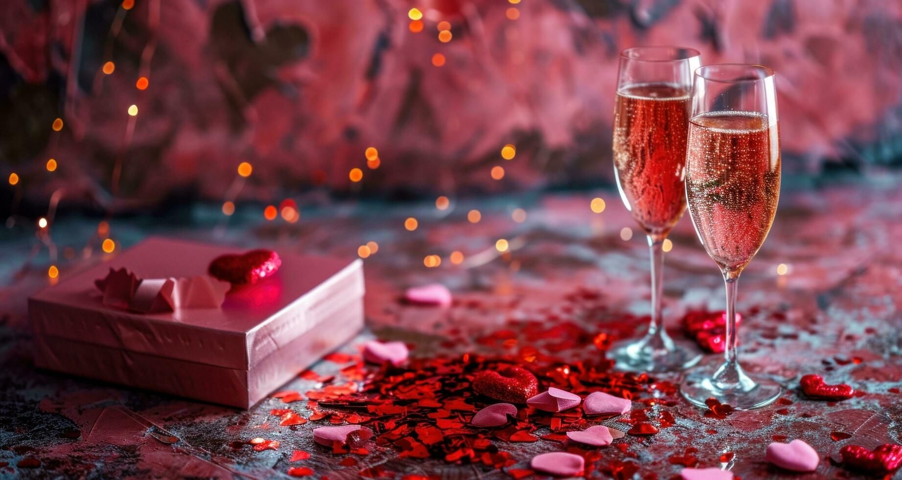 AI generated pink champagne and red heart confetti stand next to a pink heart box photo