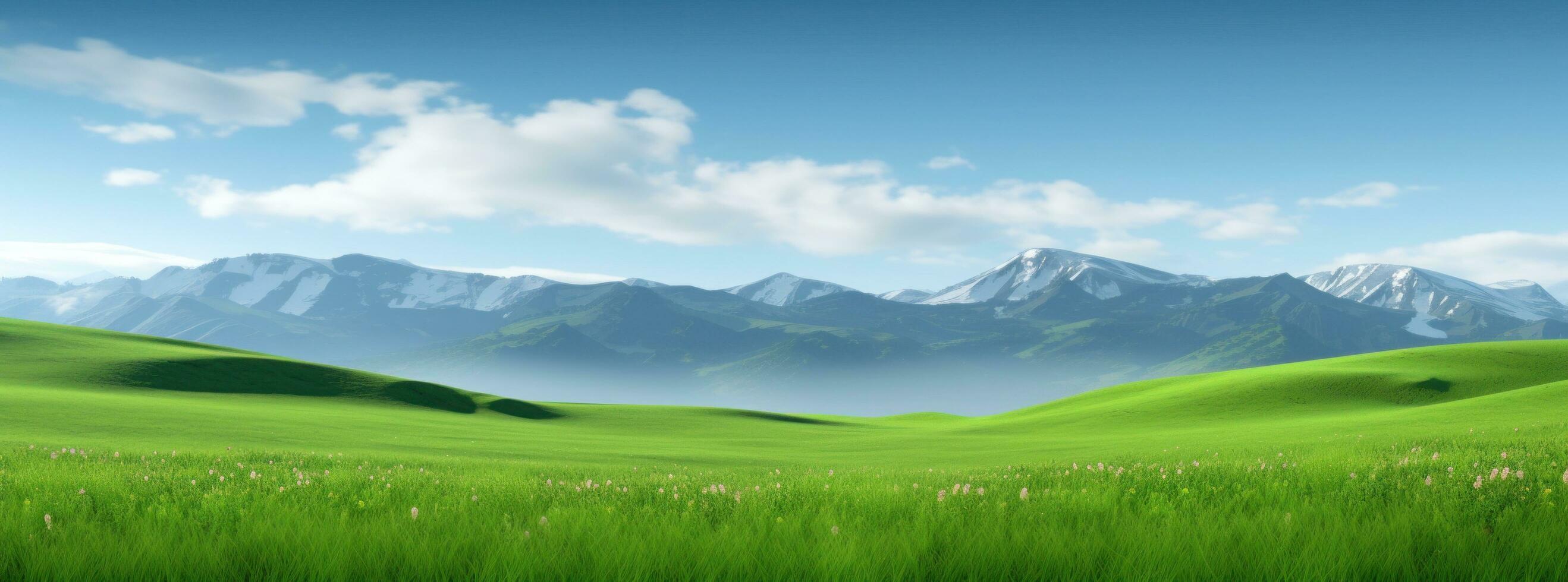 ai generado el verde campo es borroso con montañas más allá eso foto