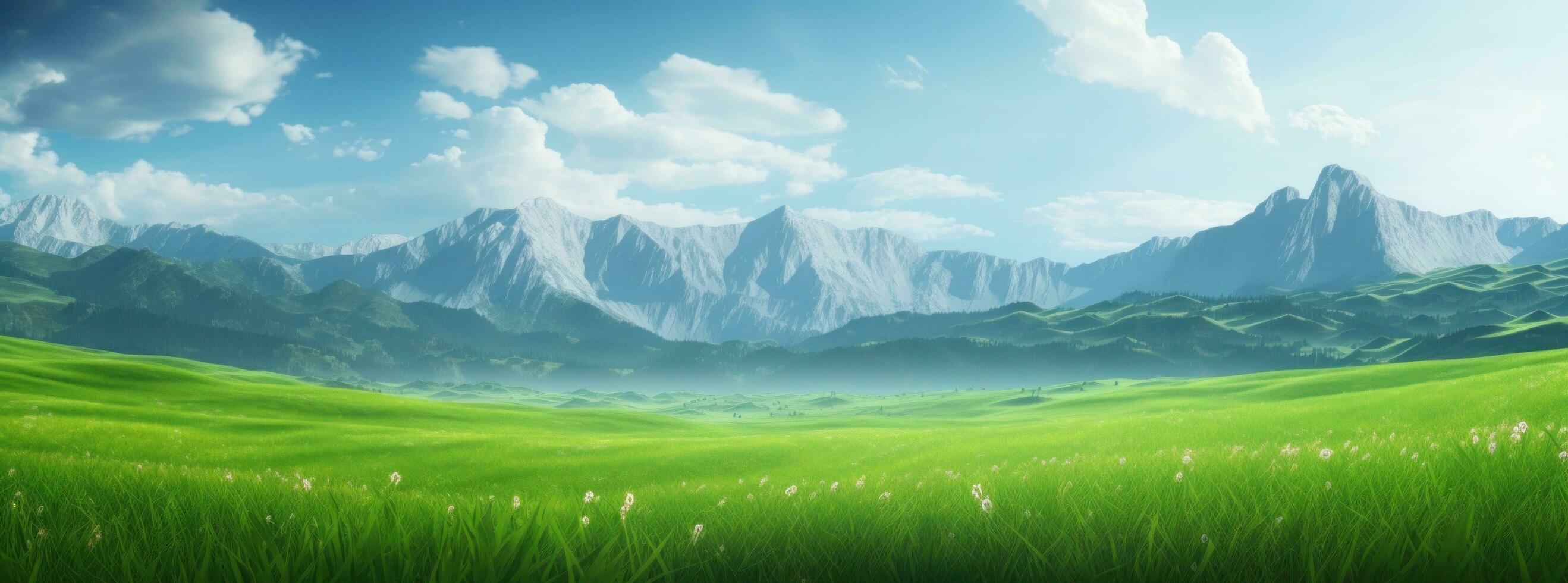 AI generated the green field is blurry with mountains beyond it photo