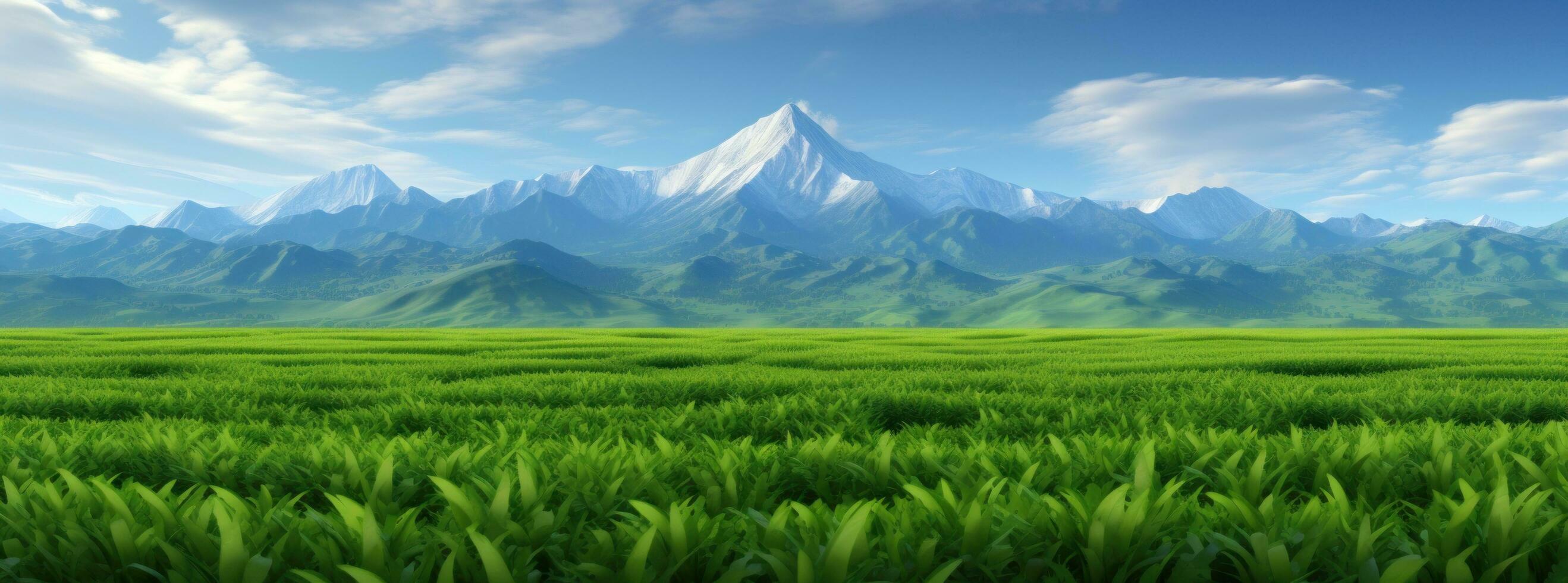 AI generated the green field is blurry with mountains beyond it photo