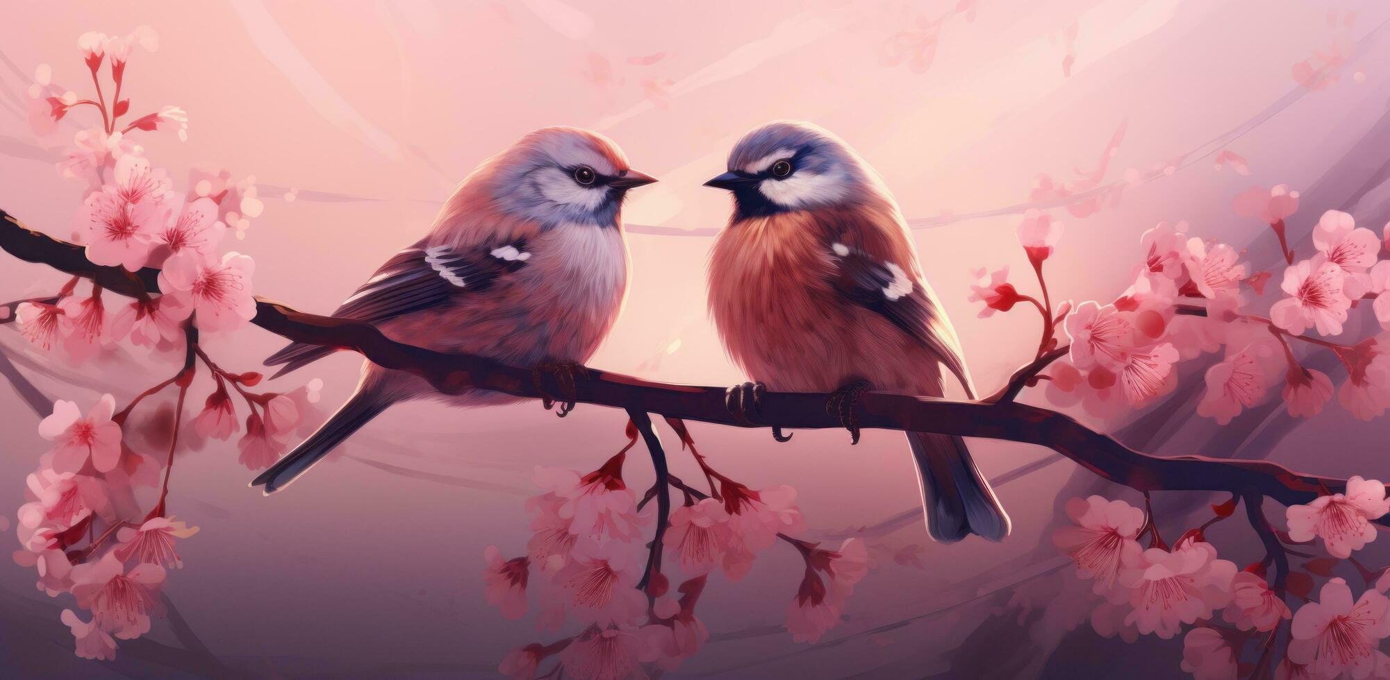 AI generated two birds are seated on a pink blossom branch photo