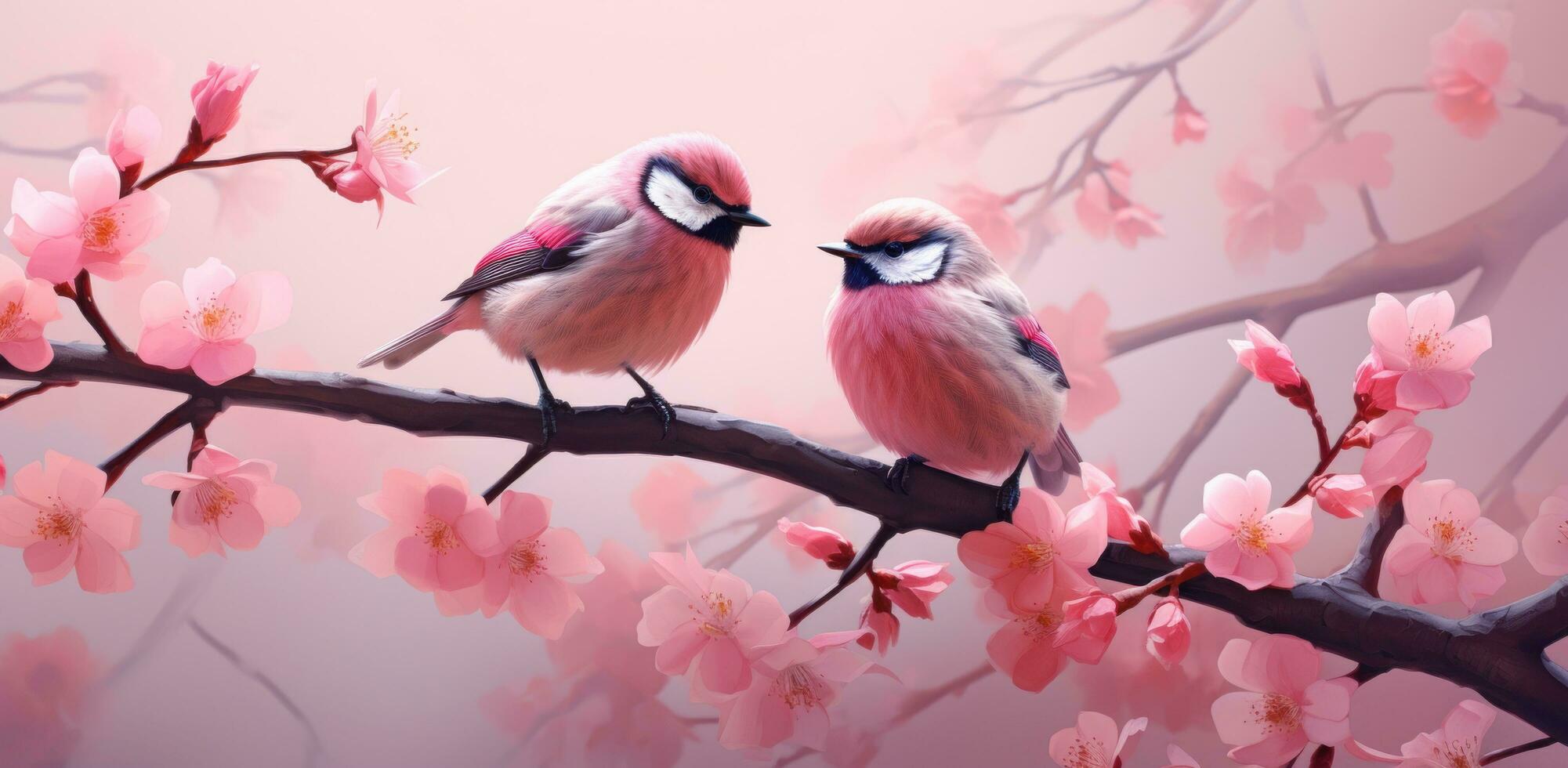 AI generated two birds are seated on a pink blossom branch photo