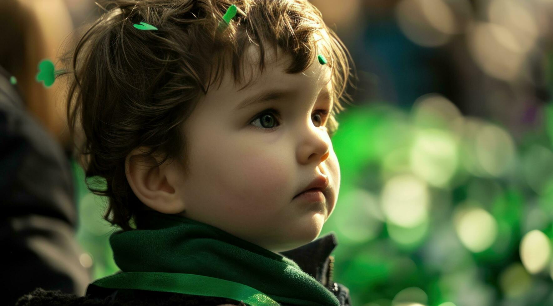 AI generated a toddler at the st patricks day parade surrounded by shamrocks photo