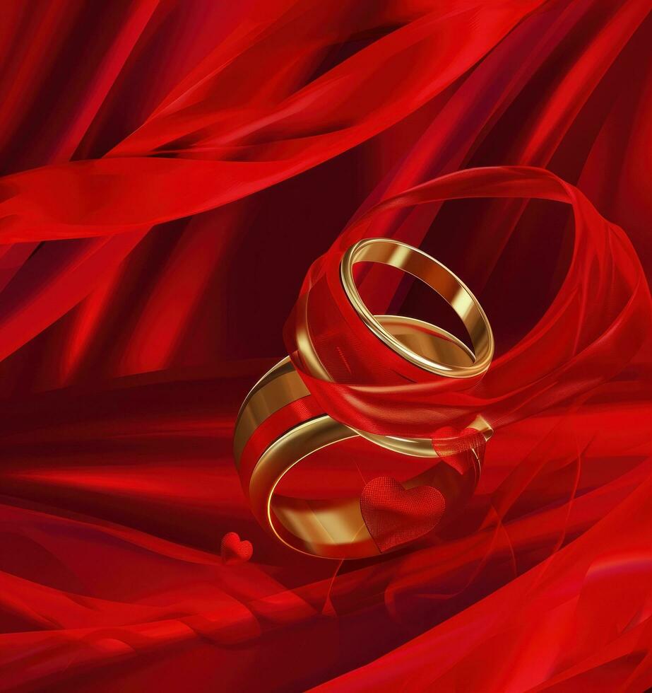 AI generated a red wedding ring with hearts wrapped in red silk photo