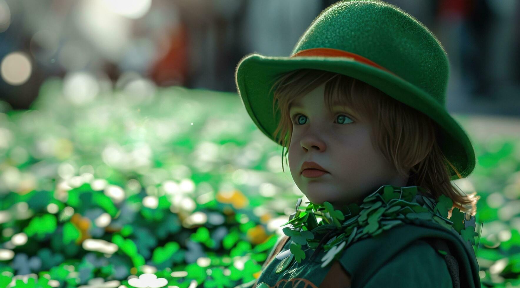 AI generated a toddler at the st patricks day parade surrounded by shamrocks photo