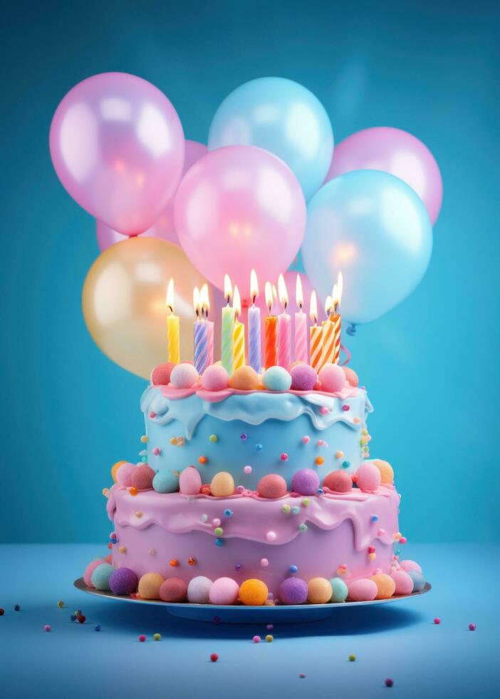 AI generated a birthday cake with birthday candles and balloons on a blue background photo