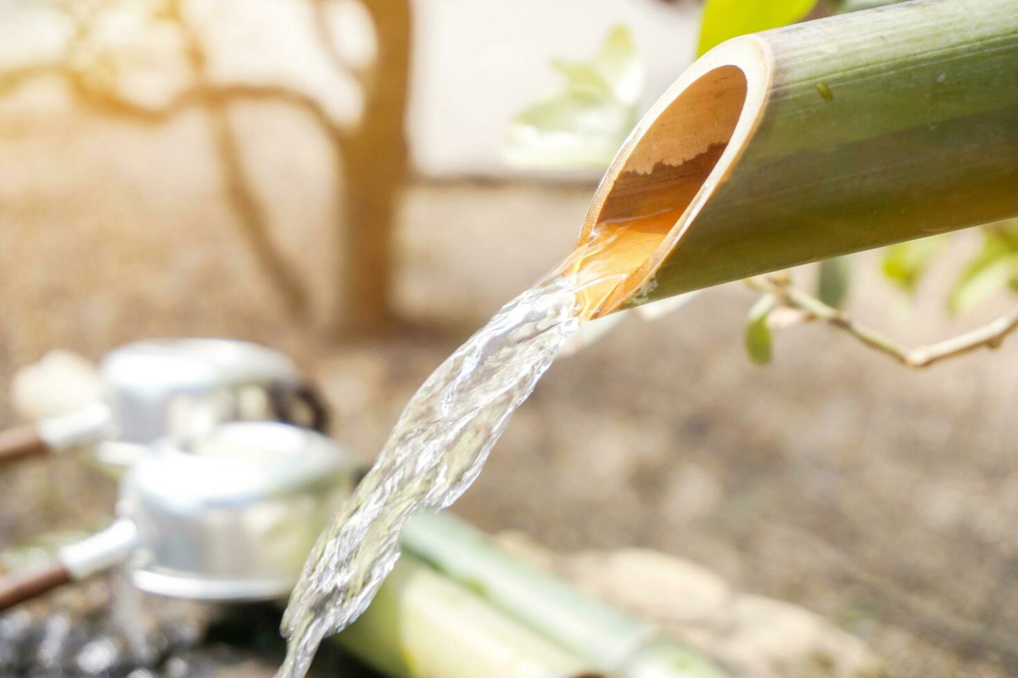 Closeup and crop of Japanese traditional Tsukubai on blurry and sun flare background. Tsukubai is a washbasin provided at the entrance to holy places for visitors in Japanese shrine or temple. photo