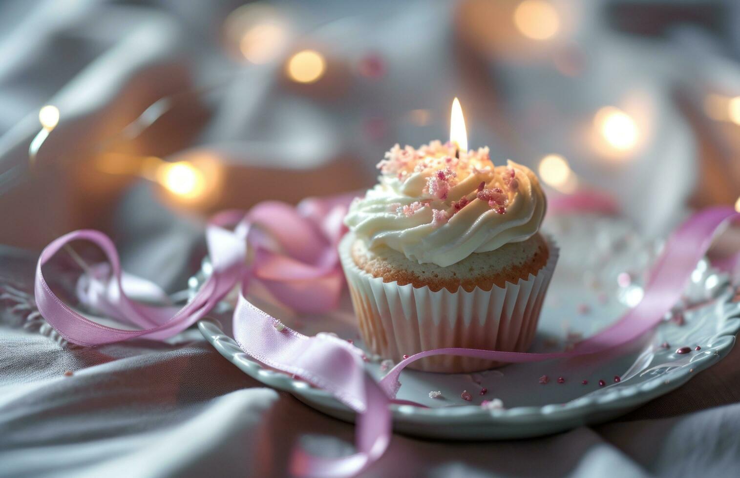 AI generated a cupcake with a candle and a pink ribbon photo
