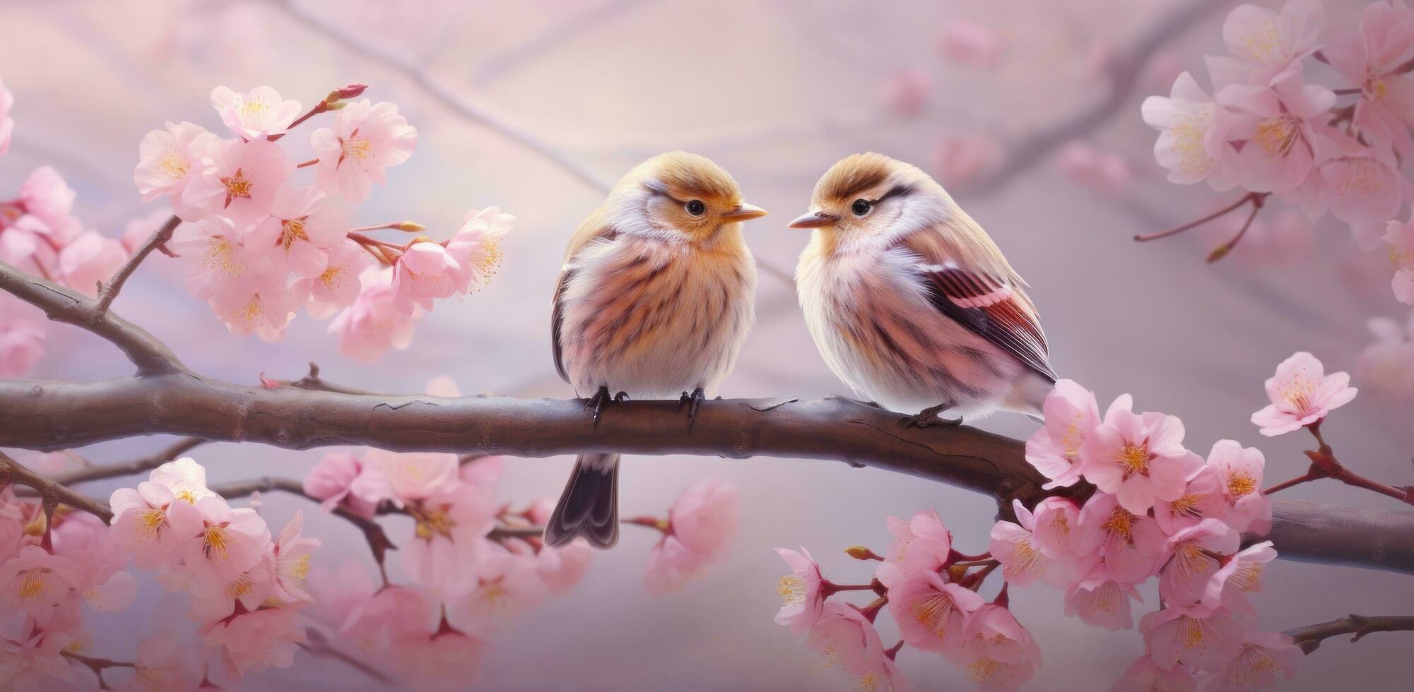 AI generated two birds are seated on a pink blossom branch photo