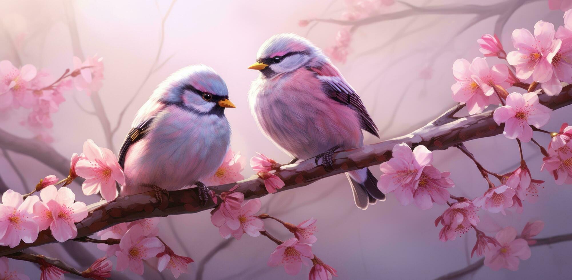 ai generado dos aves son sentado en un rosado florecer rama foto