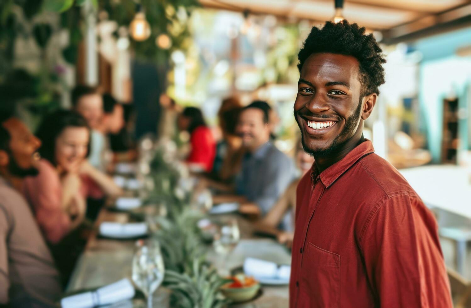 AI generated A man standing with a smile in a red shirt by a table of people photo