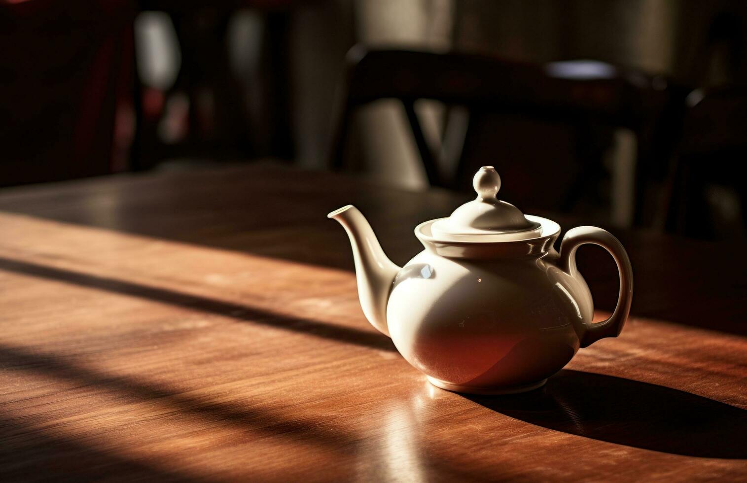 AI generated a white teapot on a wooden table in early sunlight photo