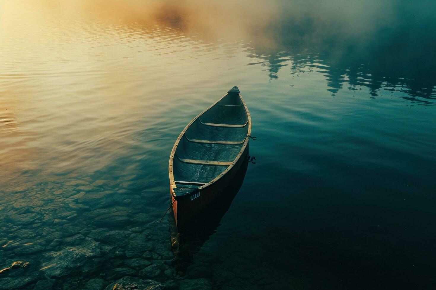 AI generated a small canoe is seen floating in the water mist photo