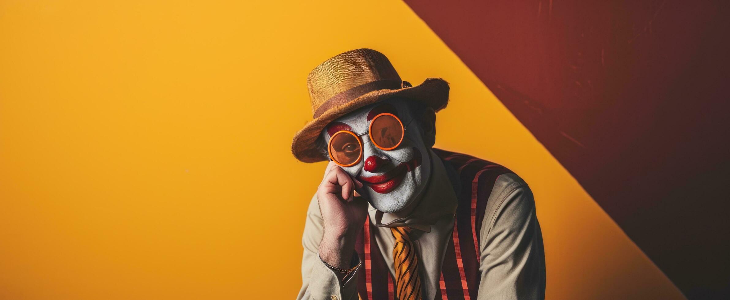 AI generated a clown in tie and posing in front of an orange background photo