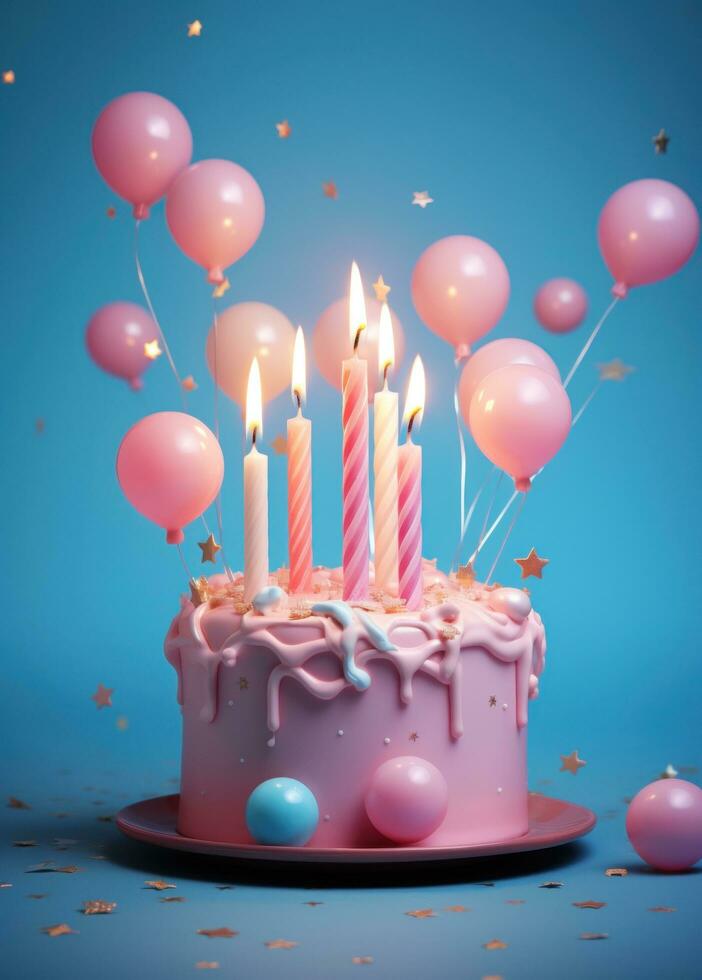 AI generated a pink birthday candle cake is surrounded by stars and balloons photo