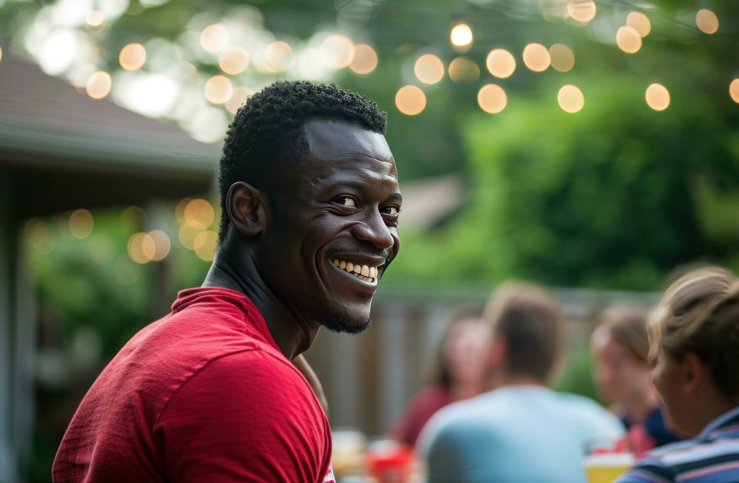 AI generated A man standing with a smile in a red shirt by a table of people photo