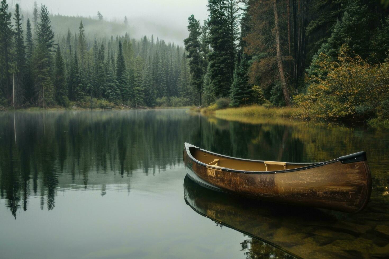 AI generated a canoe is floating in a lake near trees photo