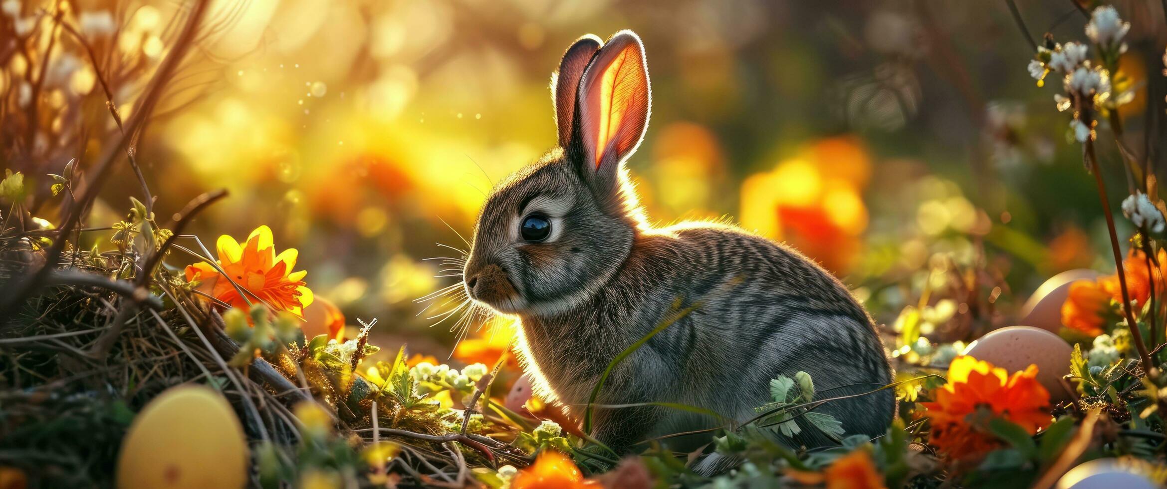 AI generated easter bunnies among orange and yellow colored eggs and flowers photo