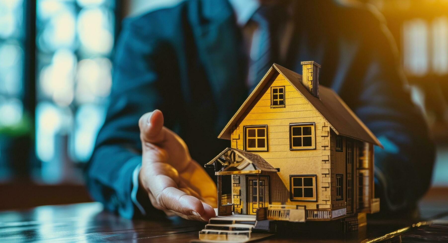 AI generated a business man hands over a paper model with a house model photo