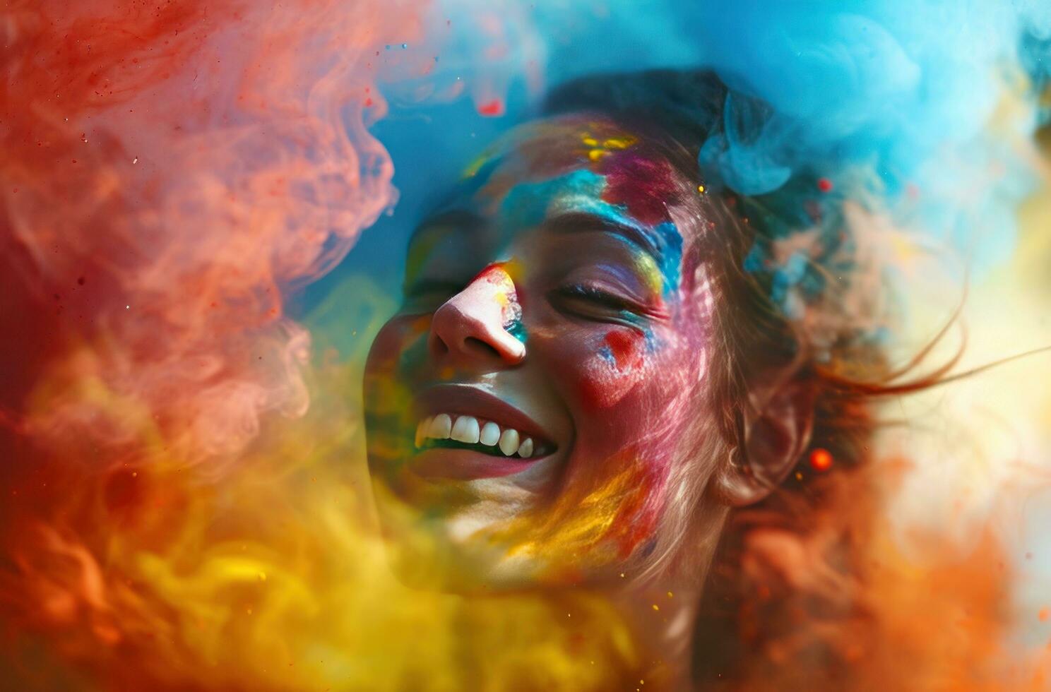 AI generated colorful smoke falling on a beautiful girl with a smile photo