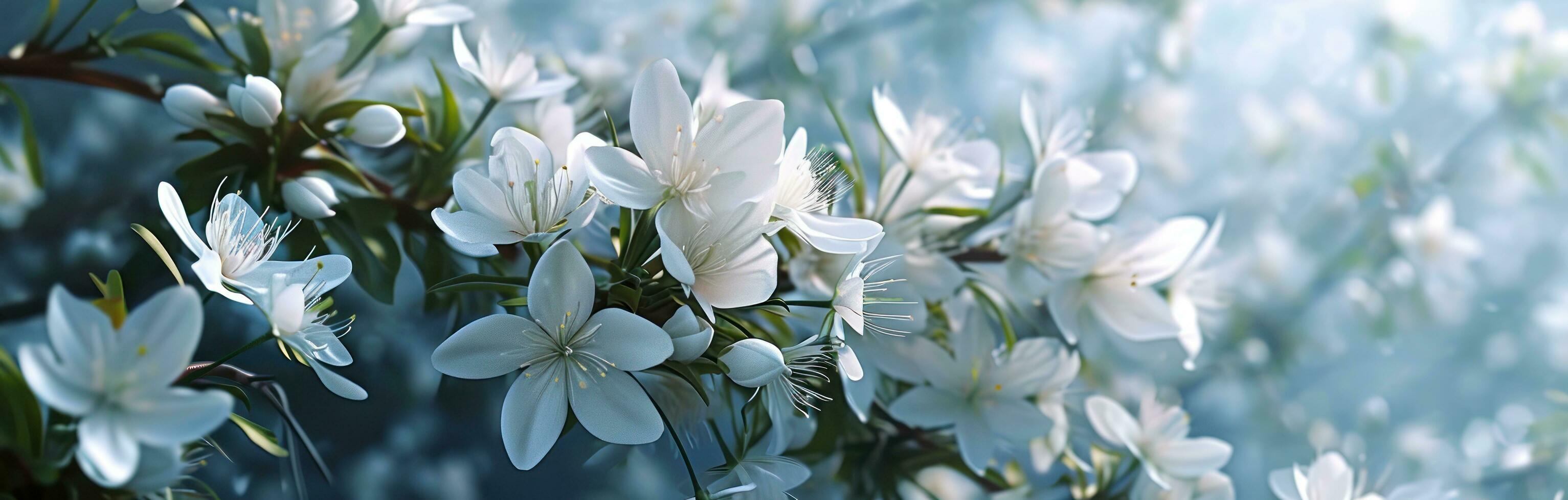 ai generado un antecedentes de blanco flores en un azul antecedentes foto