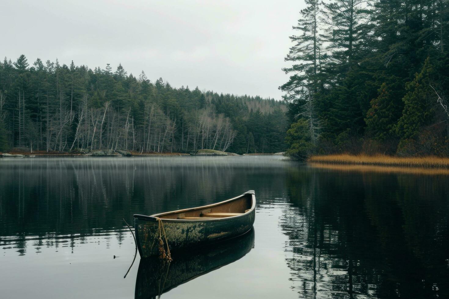 AI generated a canoe is floating in a lake near trees photo