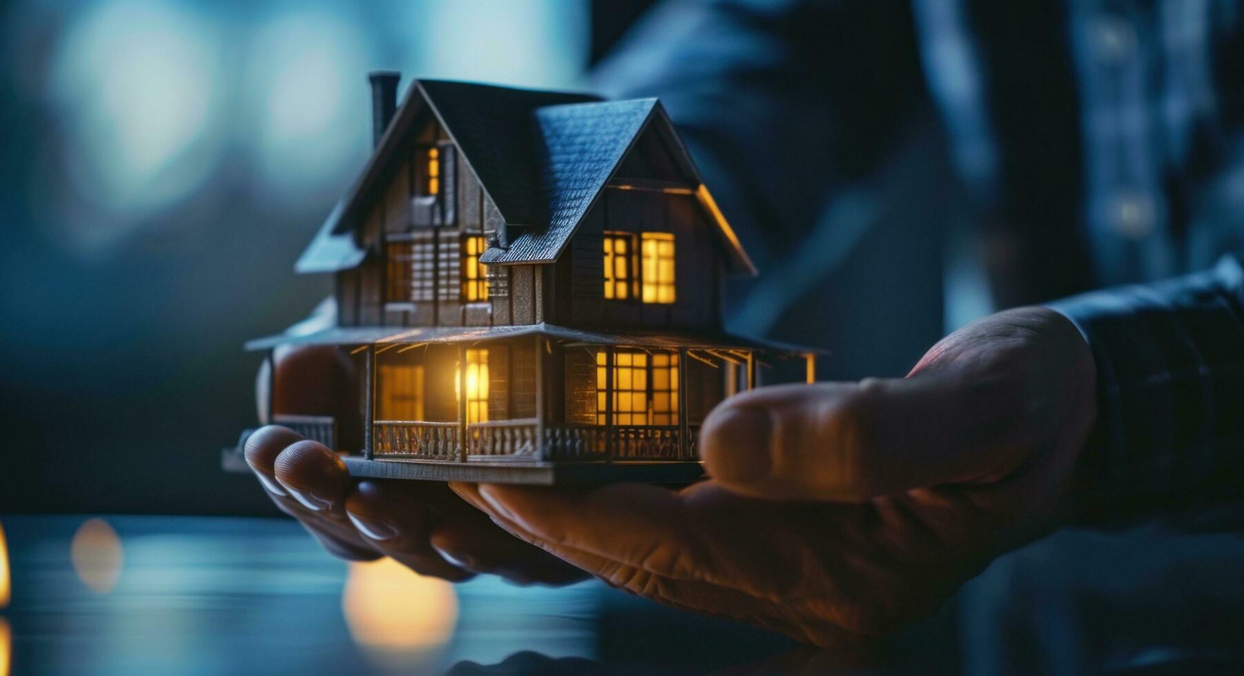 AI generated a business man hands over a paper model with a house model photo