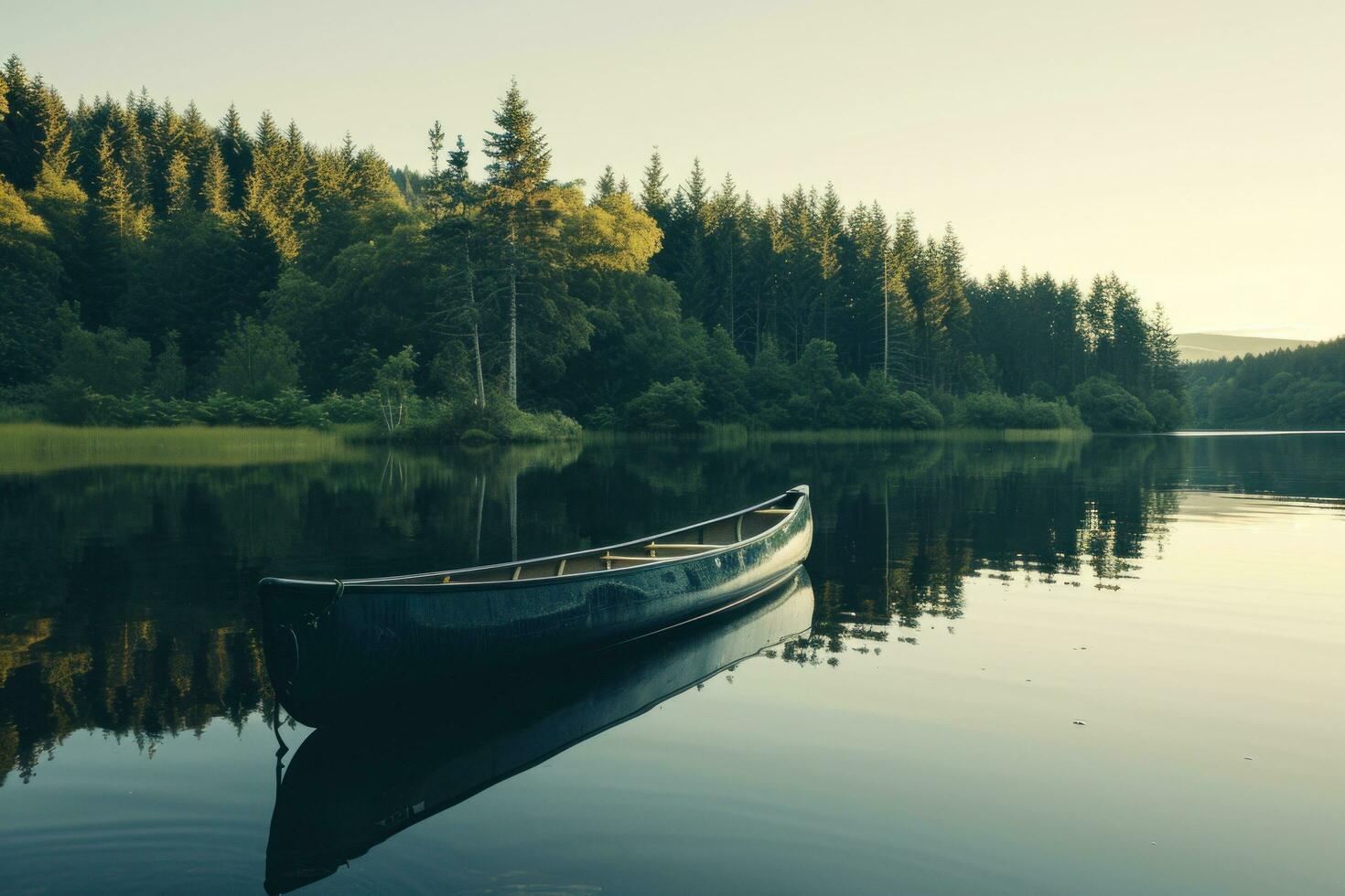 AI generated a canoe is floating in a lake near trees photo