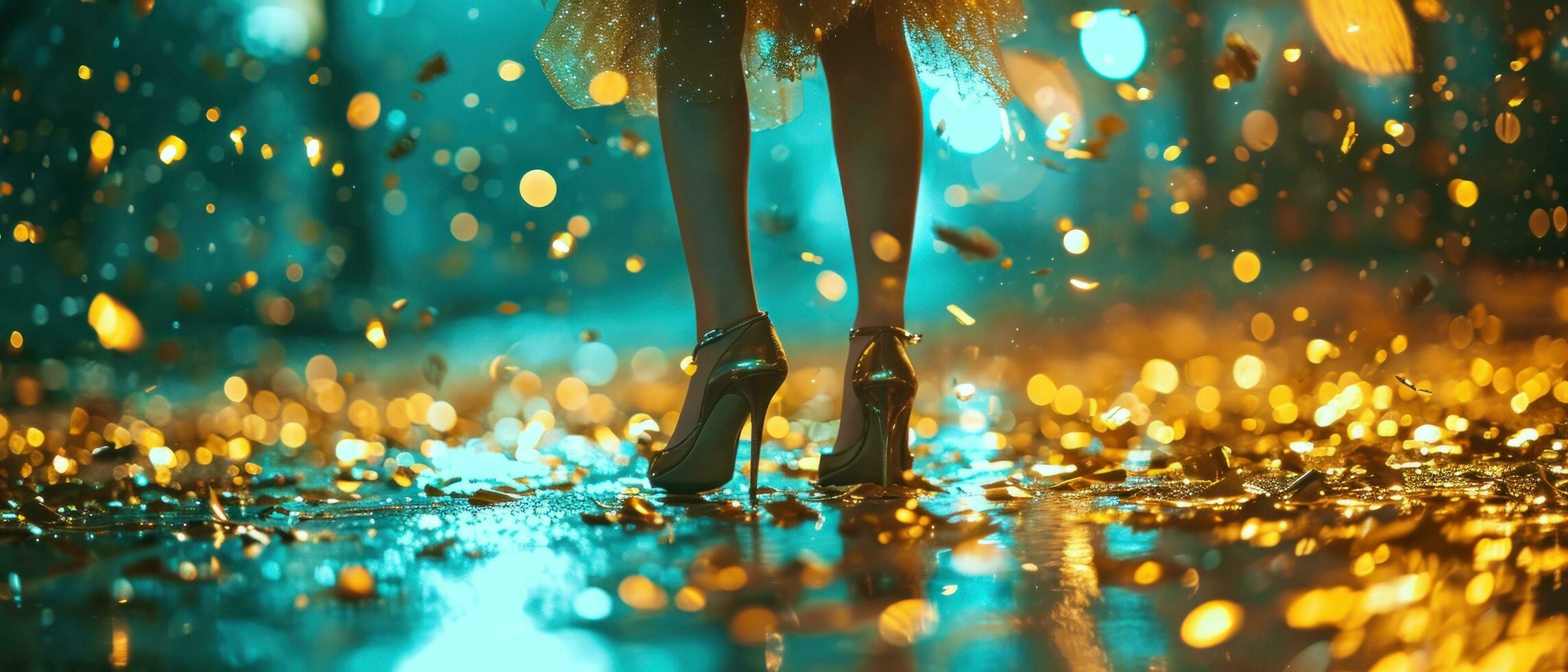 AI generated a beautiful girl in heels standing between gold confetti photo