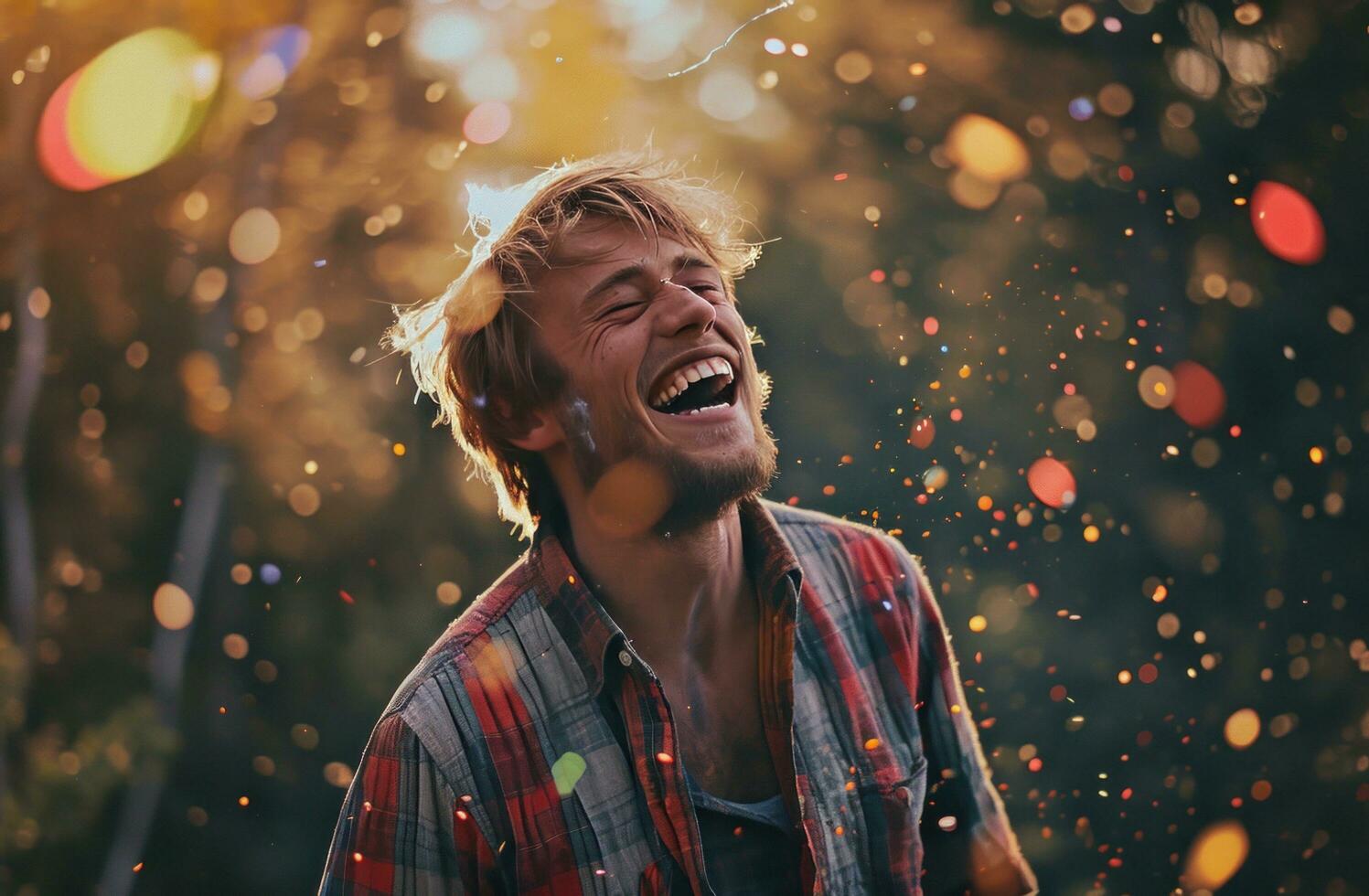 ai generado joven hombre teniendo un divertido día al aire libre como fiesta viene a un final foto