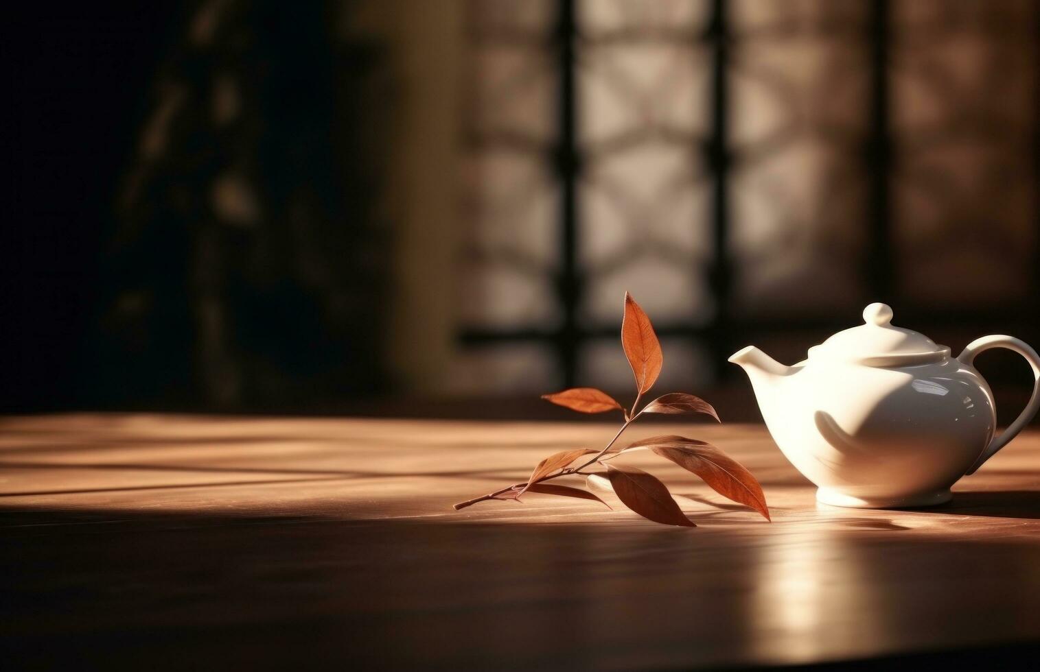 AI generated white teapot and leaf on wooden table photo