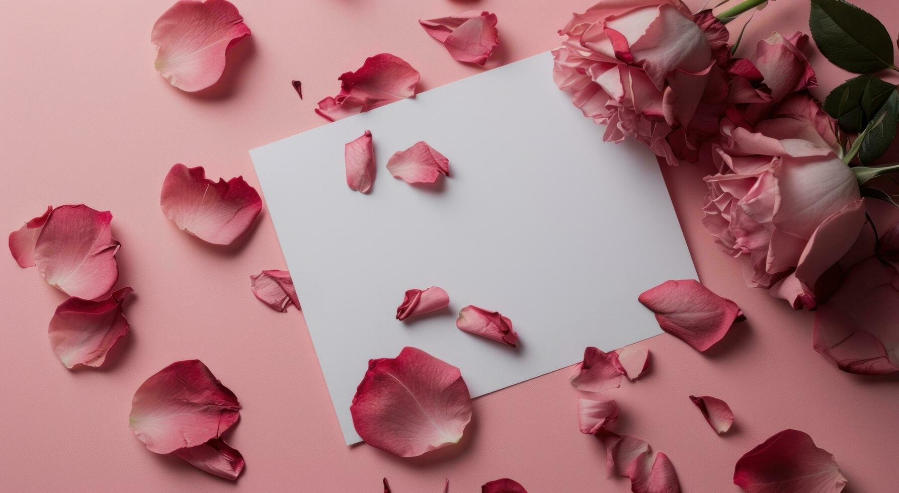 AI generated a blank paper and rose petals on a pink background photo