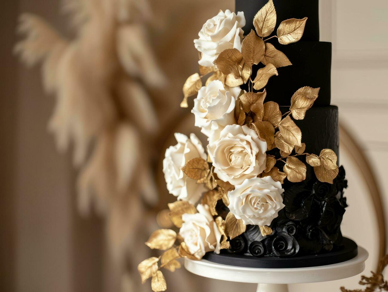 AI generated a fourtier cake with roses and gold leaves has been placed on a pedestal photo