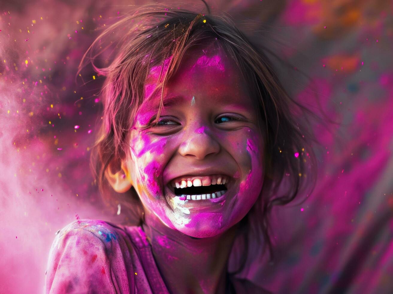 AI generated a girl smiling happy with colorful powder photo