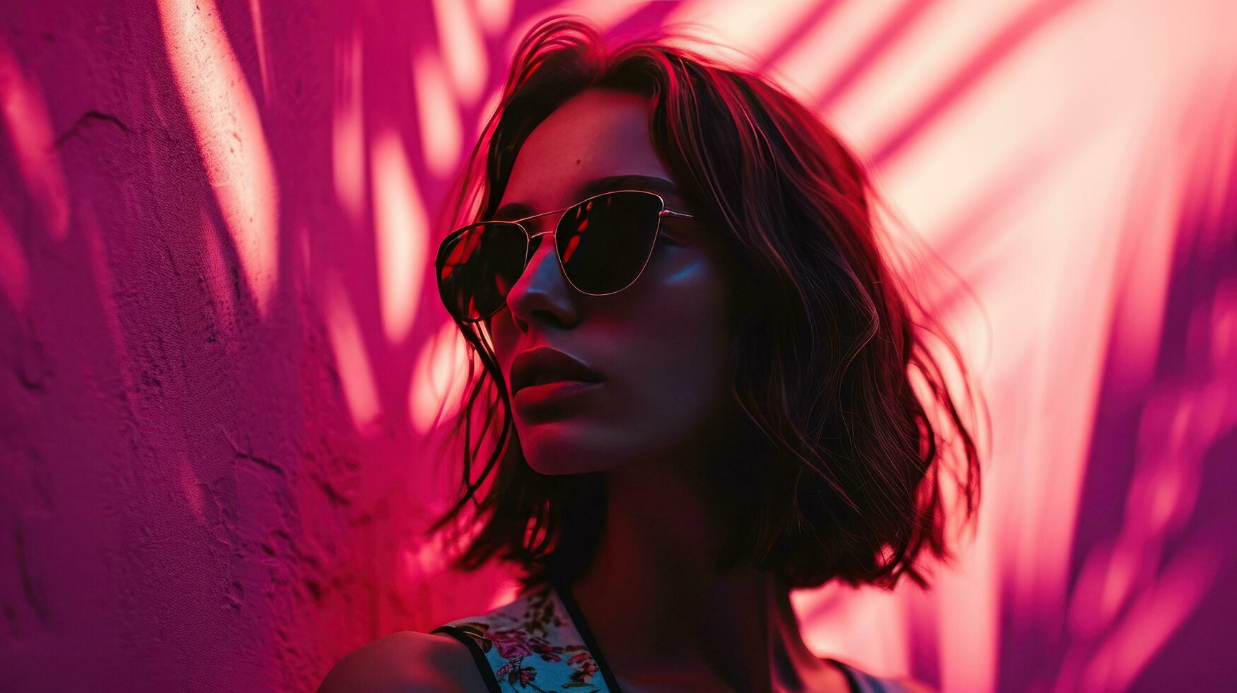 AI generated a girl in sunglasses is standing against a pink background photo