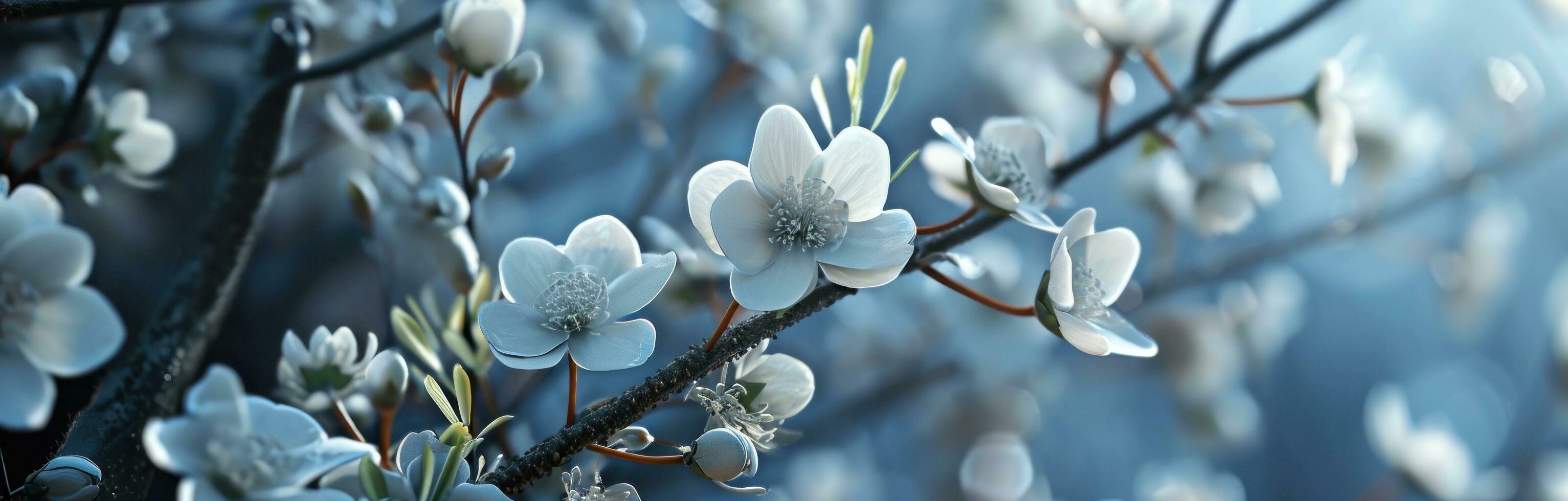 ai generado un antecedentes de blanco flores en un azul antecedentes foto