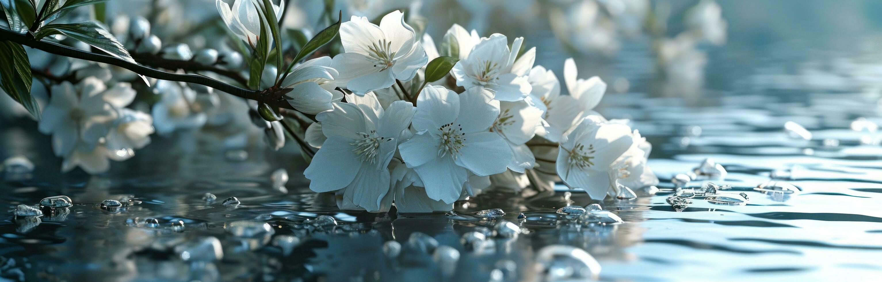 ai generado un antecedentes de blanco flores en un azul antecedentes foto