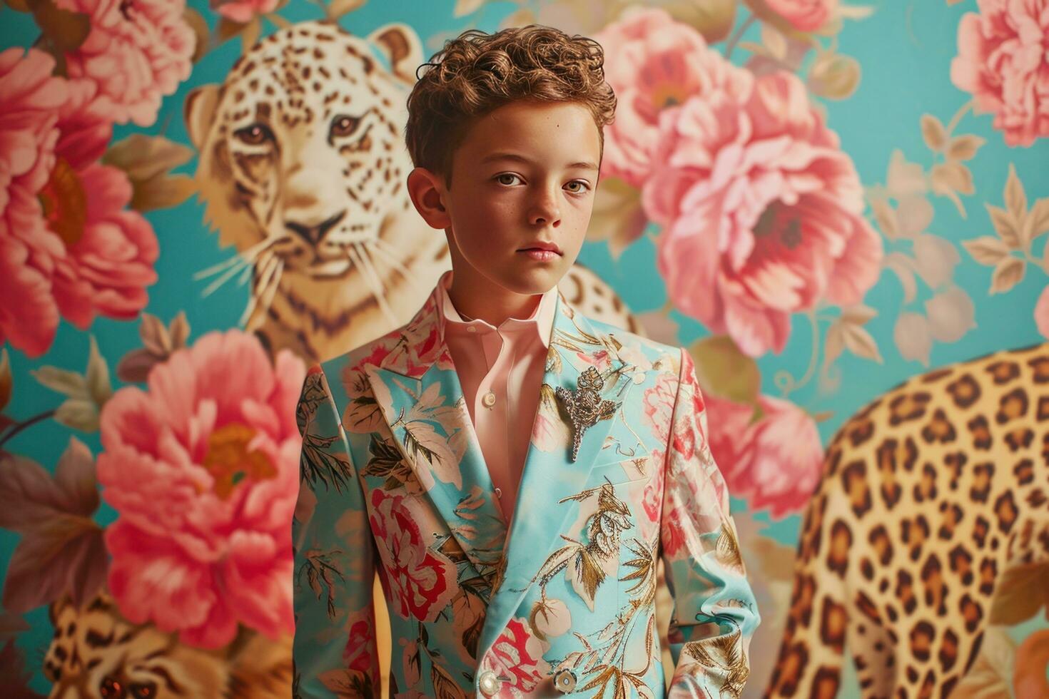 AI generated a boy dressed in a flowery suit poses in front of patterned animals photo