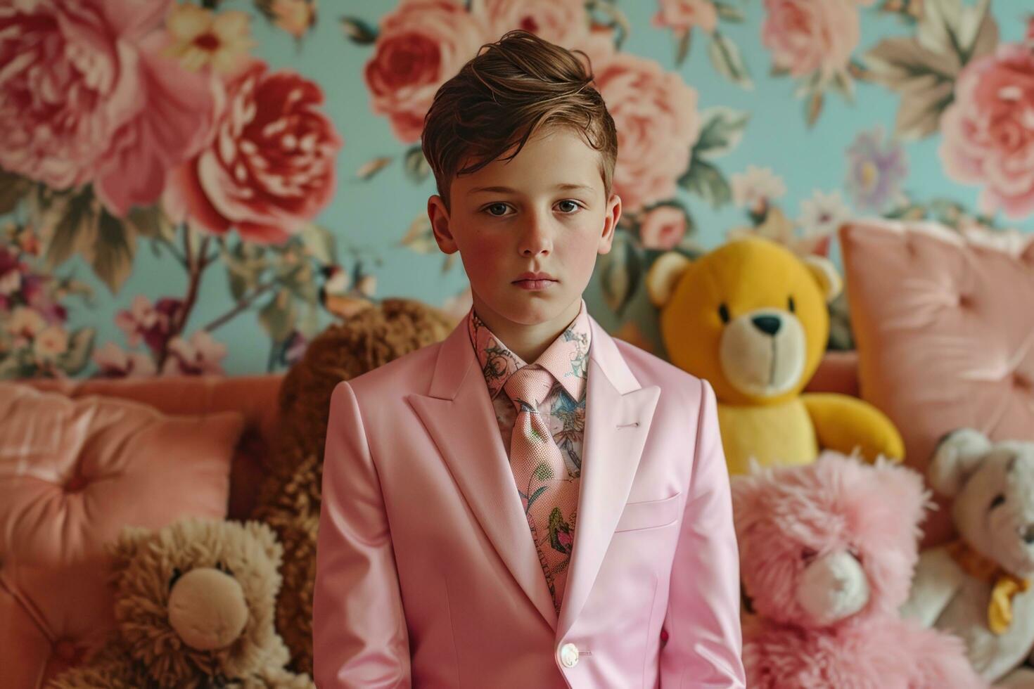 AI generated a boy dressed in a flowery suit poses in front of patterned animals photo