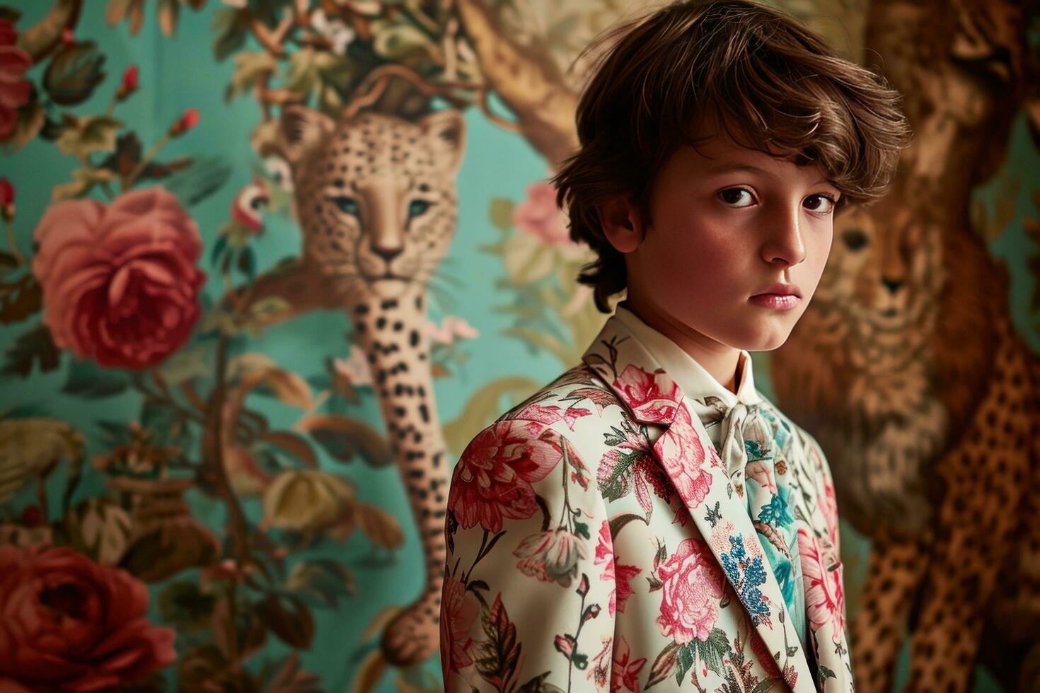 AI generated a boy dressed in a flowery suit poses in front of patterned animals photo