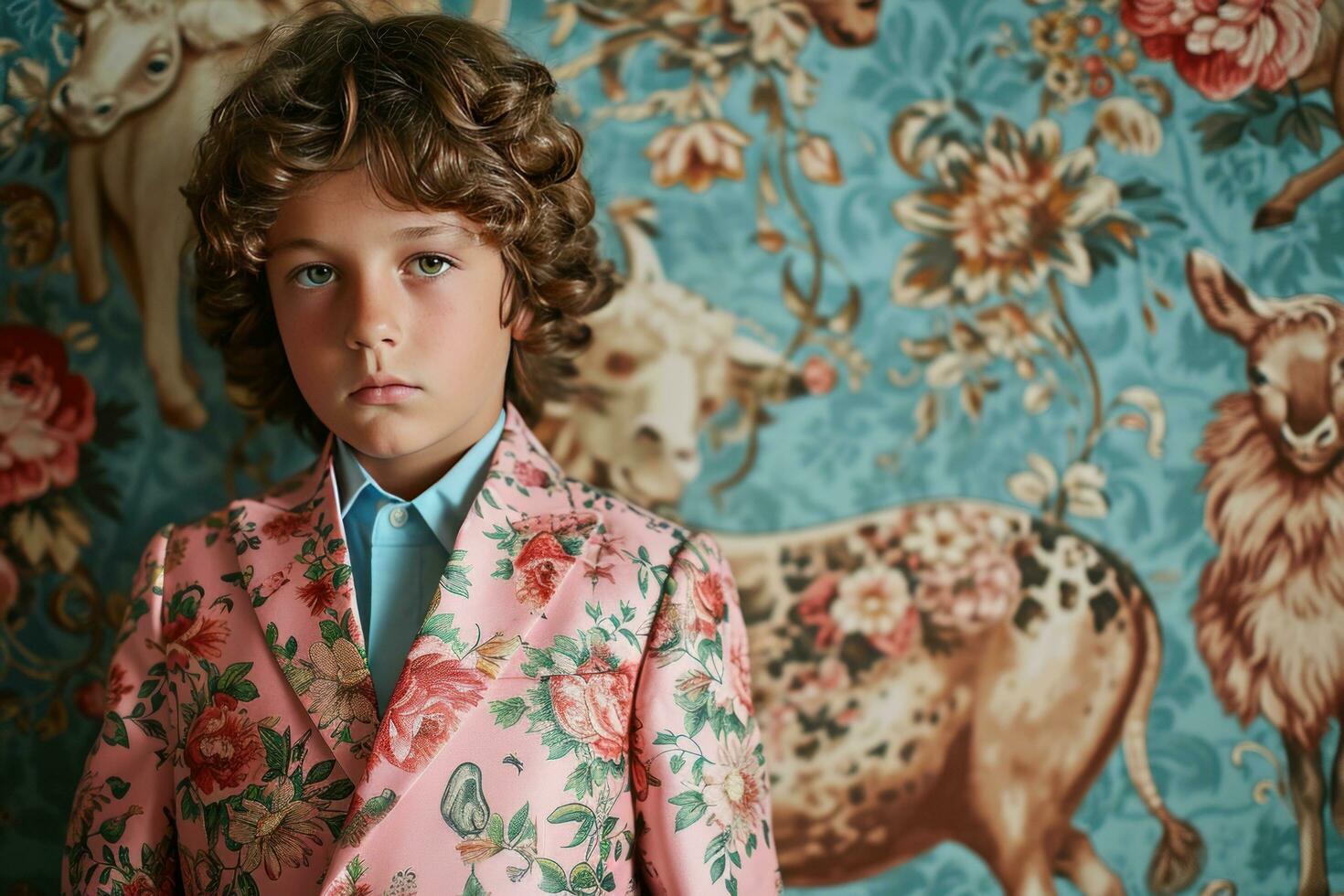 AI generated a boy dressed in a flowery suit poses in front of patterned animals photo