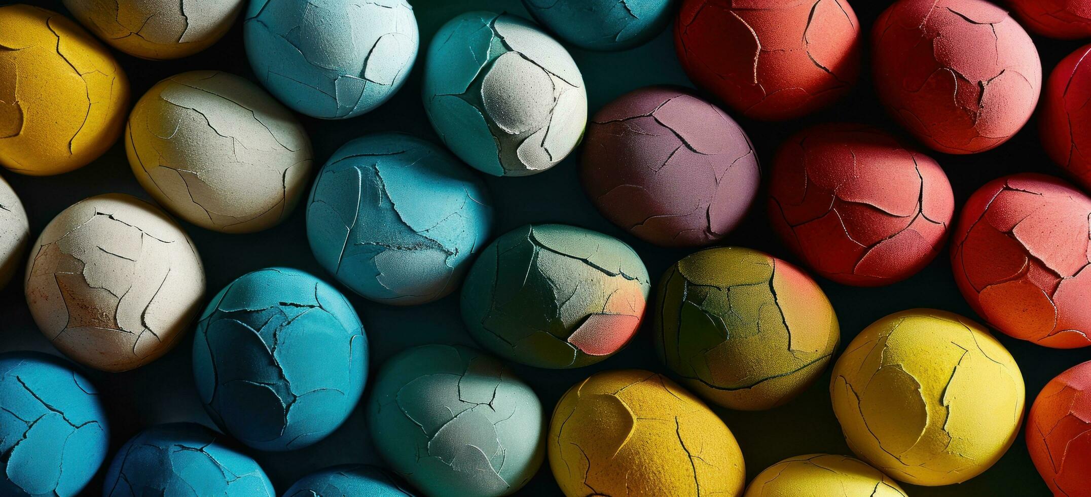 AI generated a bunch of colored paint eggs arranged in rows photo
