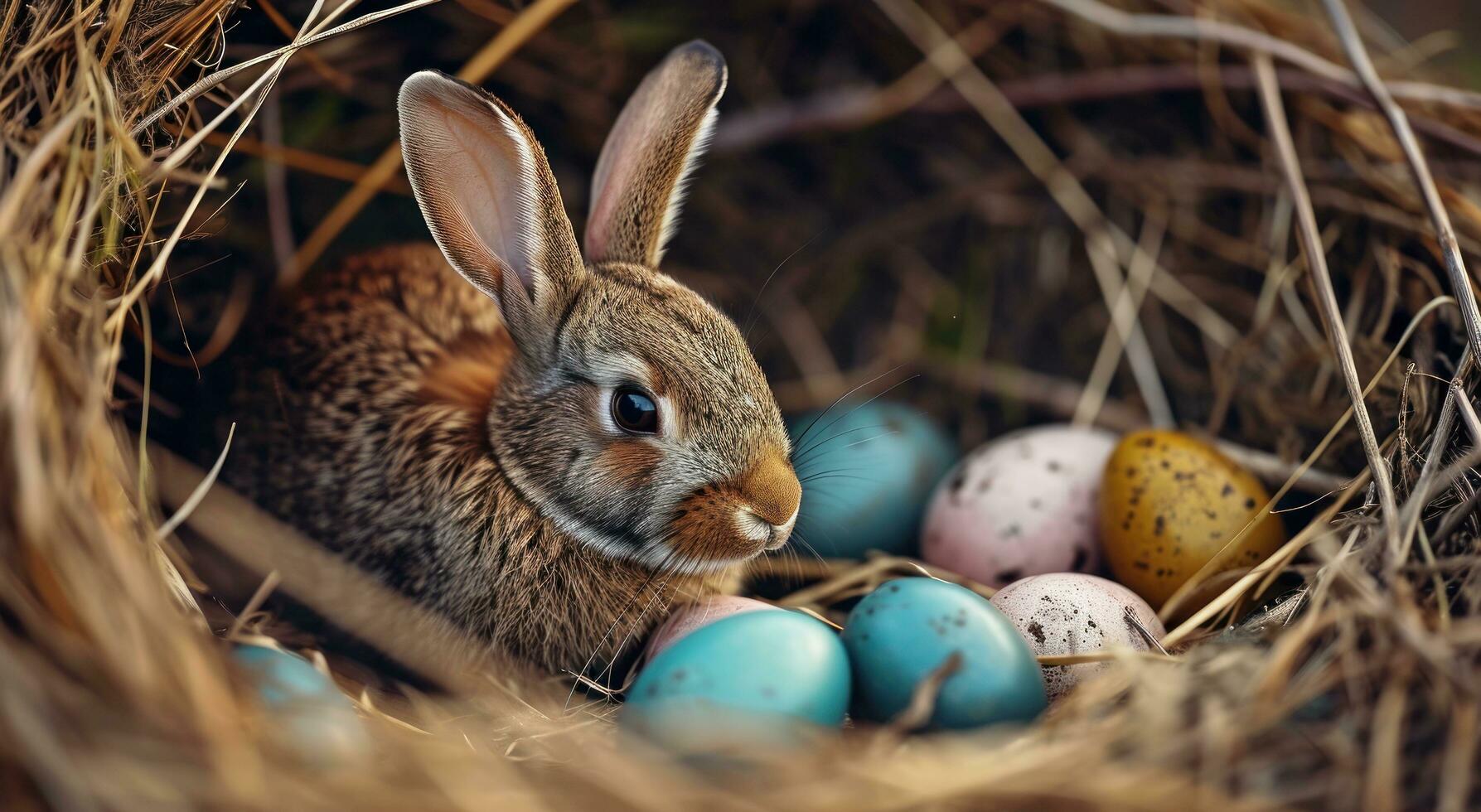 ai generado un marrón Conejo en un nido con brillantemente de colores huevos foto