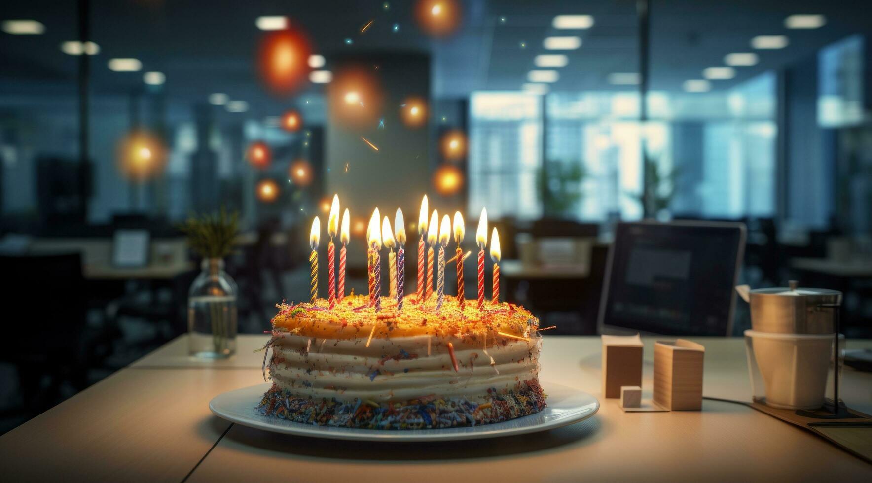 ai generado un cumpleaños pastel aparece con velas en parte superior en un oficina espacio foto