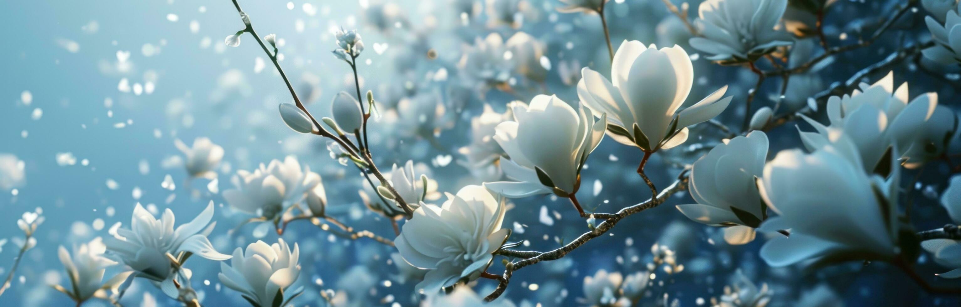 ai generado un antecedentes de blanco flores en un azul antecedentes foto